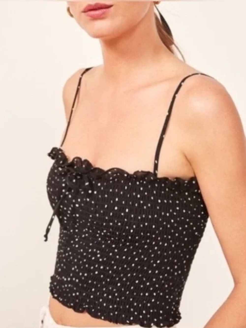 Reformation Black with White Polka cross Dot Carlotta Smocked Top